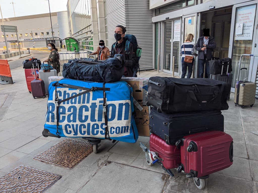 Jacob with our luggage outside the airport